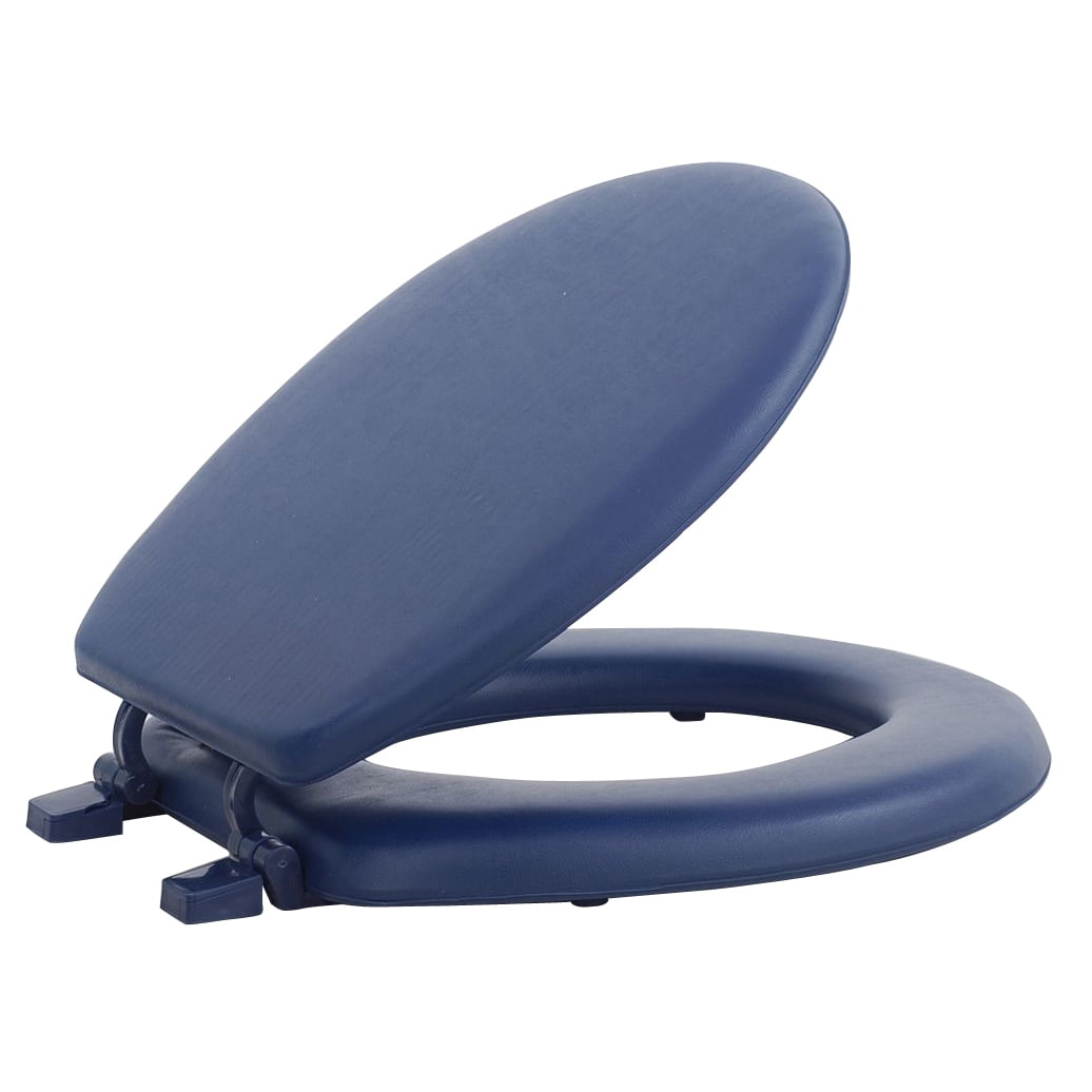 PowerSellerUSA Vinyl Round Soft Toilet Seat, Adjustable Hinges Toilet Seats with Non Slip Grip Tight Bumpers, Standard Heavy Duty Plastic Bathroom Toilet Seat Close Lid Set, Navy Blue