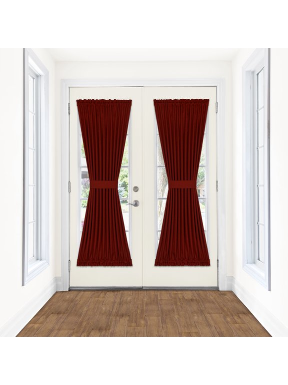 Classic Door Panel Curtain, Ruffled Solid Door Panels for Front Door, Modern Decor Solid Two-Tone Design Door Curtains with Tiebacks, 24" W x 40" L Single Panel, Red