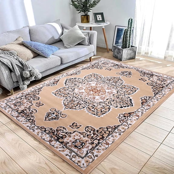 PowerSellerUSA Classic Traditional Oriental Runner Rug with Bordered Design, 1'9" x 7'2" Non-Slip Low-Pile Spot Clean with Polypropylene Runner Rug for Hallway, Living Room, Farmhouse, Bedroom, Beige