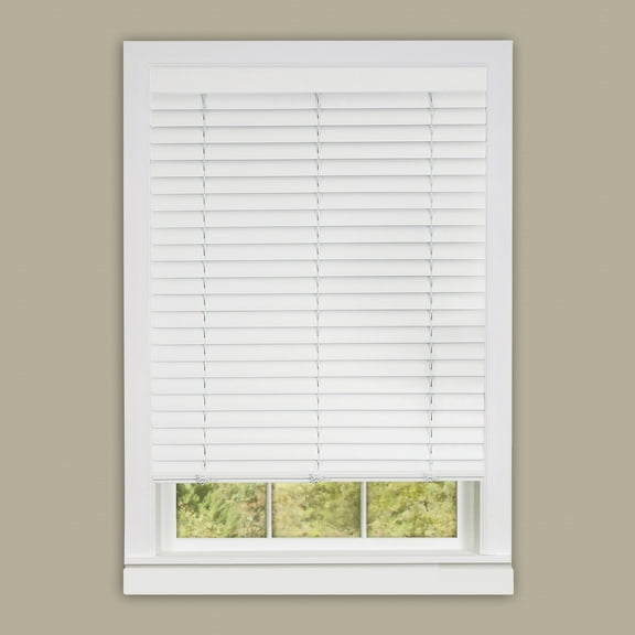 PowerSellerUSA Cordless Window Blinds, 2" Slats Vinyl Mini Blind, Premium Embossed Woodgrain, Anti-UV Window Treatment, White, 29" Width x 64" Length, (Fits windows 23" - 64")