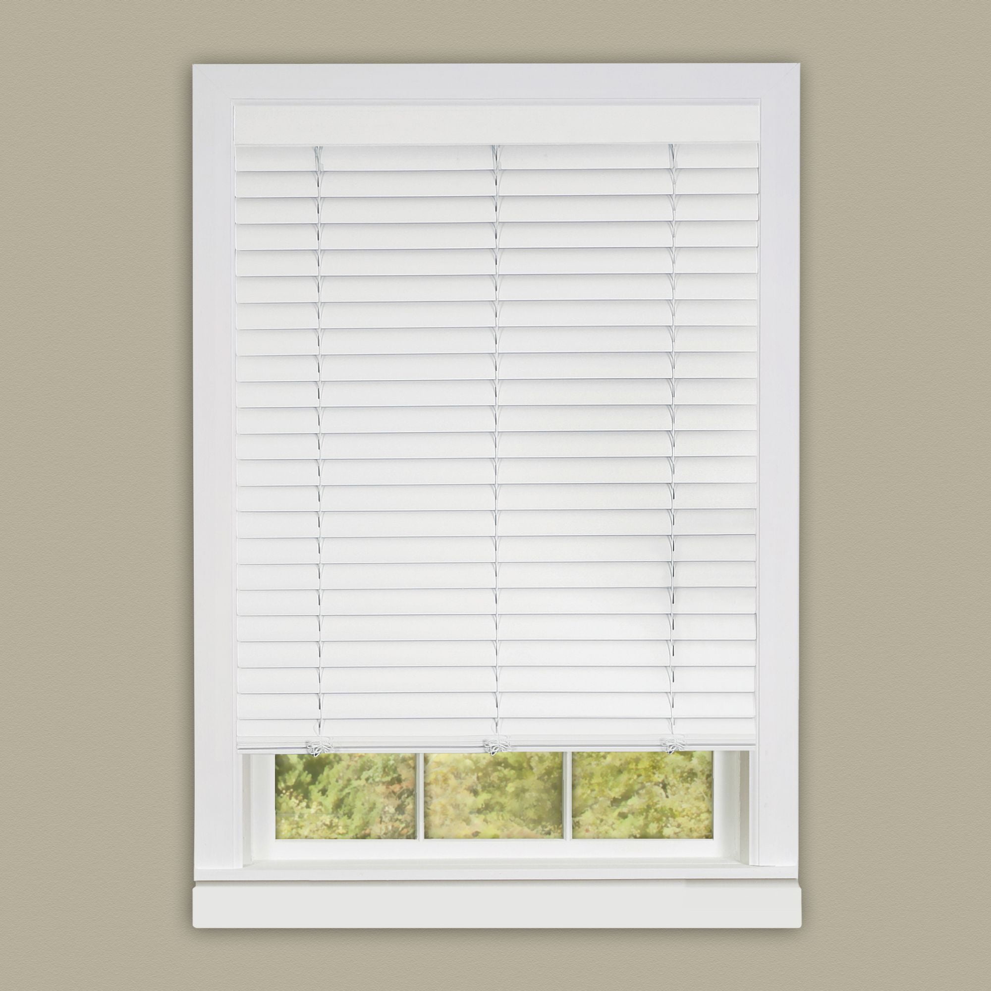 PowerSellerUSA Cordless Window Blinds, 2" Slats Vinyl Mini Blind, Premium Embossed Woodgrain, Anti-UV Window Treatment, White, 30" Width x 64" Length, (Fits windows 23" - 64")