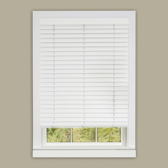 PowerSellerUSA Cordless Window Blinds, 2" Slats Vinyl Mini Blind, Premium Embossed Woodgrain, Anti-UV Window Treatment, White, 30" Width x 64" Length, (Fits windows 23" - 64")