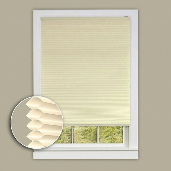 PowerSellerUSA Cordless Window Shades for Inside or Outside Mount, 3/8 Inch Cellular Honeycomb Pleated Light Filtering Blinds with PVC Head and Bottom Rail, Beige, 23 x 64 Inches
