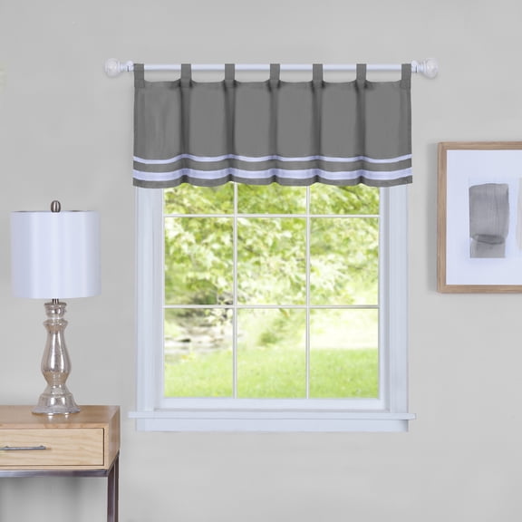 PowerSellerUSA Dakota Double White Bands Window Kitchen Valance, 58W x 14L inches Curtains Valance with Tab Top Holding, Polyester Material Short Window Curtain Valance for Kitchen Decor, Grey