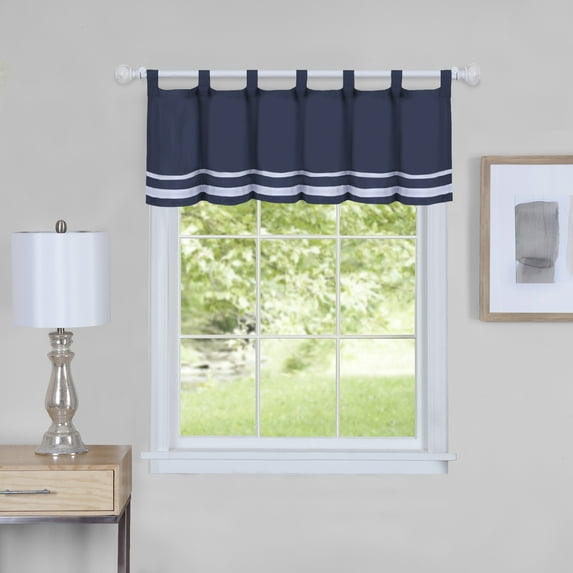 PowerSellerUSA Dakota Double White Bands Window Kitchen Valance, 58W x 14L inches Curtains Valance with Tab Top Holding, Polyester Material Short Window Curtain Valance for Kitchen Decor, Navy