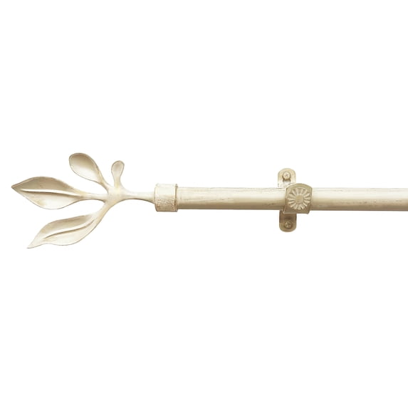 PowerSellerUSA Decorative Telescopic Metal Curtain Rod, 28" to 48" Contemporary Round PVC Finials, Ultra Durable Brackets 3/4" Diameter Window Drapery Rod, Cream/Gold - Leaf Finial