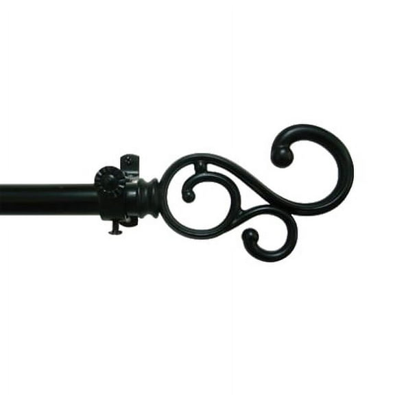 PowerSellerUSA Decorative Telescopic Metal Curtain Rod, 48 to 86 Inches Contemporary Round PVC Finials, Ultra Durable Brackets 3/4 Inch Diameter Drapery Rod for Window Treatment, Black-Scroll