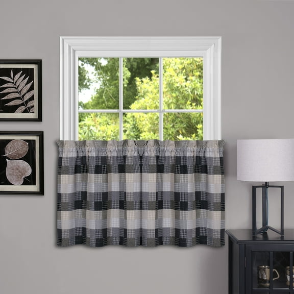 PowerSellerUSA Farmhouse Curtains Rod Pocket Plaid Tier Pair & Valance , Kitchen Decor Buffalo Plaid Curtains, Classic Country Plaid Gingham Checkered Design, 57" W x 36" L Complete Set, Black
