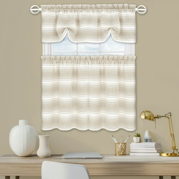 PowerSellerUSA Gramercy Horizontal Ombre 36-Inch Tier Pair & 14-Inch Valance Set – Light Filtering Gradient Stripes Rod Pocket Window Panels for Kitchen, Bedroom, Living Room, Farmhouse Decor, Taupe