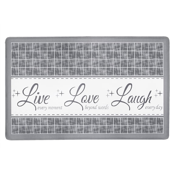 PowerSellerUSA Live Love Laugh, Embossed Anti-Fatigue Mat, Non-Slip Kitchen Floor Mat, Eco-Friendly PVC Foam, Water Resistant, Comfort Mat for Kitchen, Office, Bathroom, Laundry, 18" W x 30" L, Gray