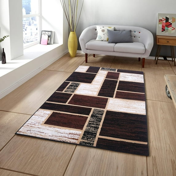 PowerSellerUSA Modern Area Rug with Classic Geometric Blocks Design, 7'8" x 10'7" Non-Slip Low-Pile Spot Clean with Polypropylene Area Rugs for Dining Room, Bedroom, and Living Room Decor, Black
