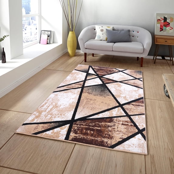 PowerSellerUSA Modern Area Rug with Classic Geometric Design, 5'2" x 7'4" Non-Slip Low-Pile Spot Clean with Polypropylene Area Rugs for Bedroom, Farmhouse, and Living Room Decor, Gold