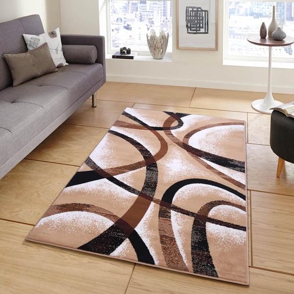 PowerSellerUSA Modern Runner Rug with Classic Geometric Circles Design, 1'9"x7'2" Non-Slip Low-Pile Spot Clean with Polypropylene Runner Rug for Hallway, Living Room, Farmhouse, Bedroom Decor, Beige