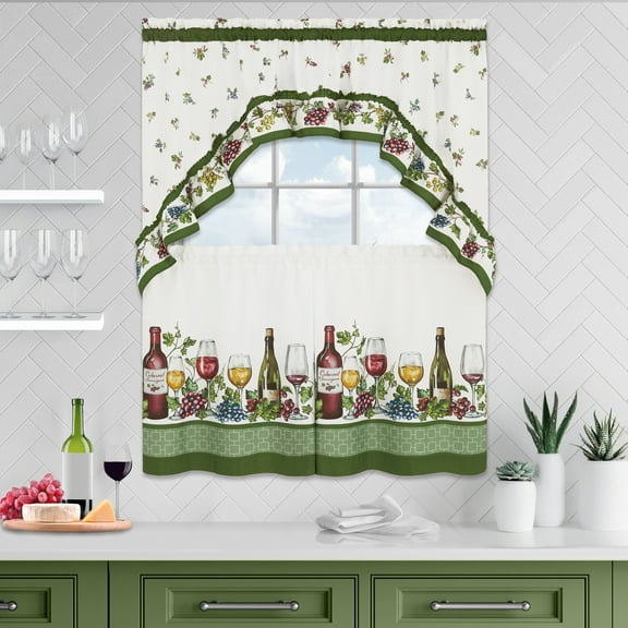 PowerSellerUSA Napa 3-Piece Polyester Printed Tier Pair & Swag Set – Mid-century Lattice Border with Bottle of Wine & Grapes Design Window Treatments for Kitchen, Living Room, 57" x 36", Green