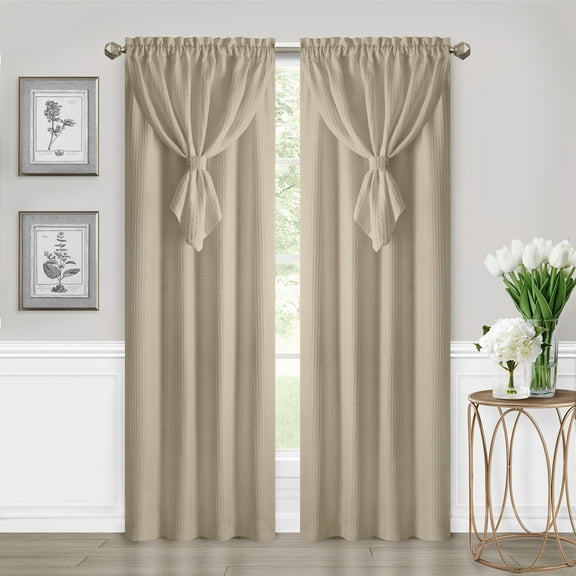PowerSellerUSA Rod Pocket Blackout Window Curtains Panel with Attached Valance All-In-One 1-Piece Neutral Texture Home Curtains Set for Elegance, 42" x 63", Tan