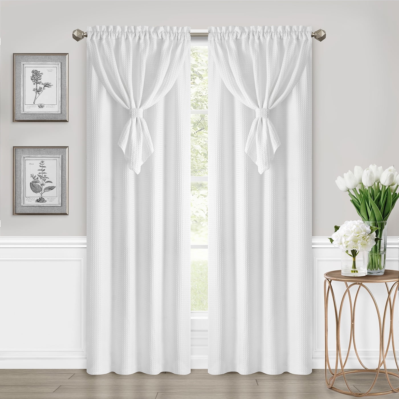 PowerSellerUSA Rod Pocket Blackout Window Curtains Panel with Attached Valance All-In-One 1-Piece Neutral Texture Home Curtains Set for Elegance, 42" x 63", White