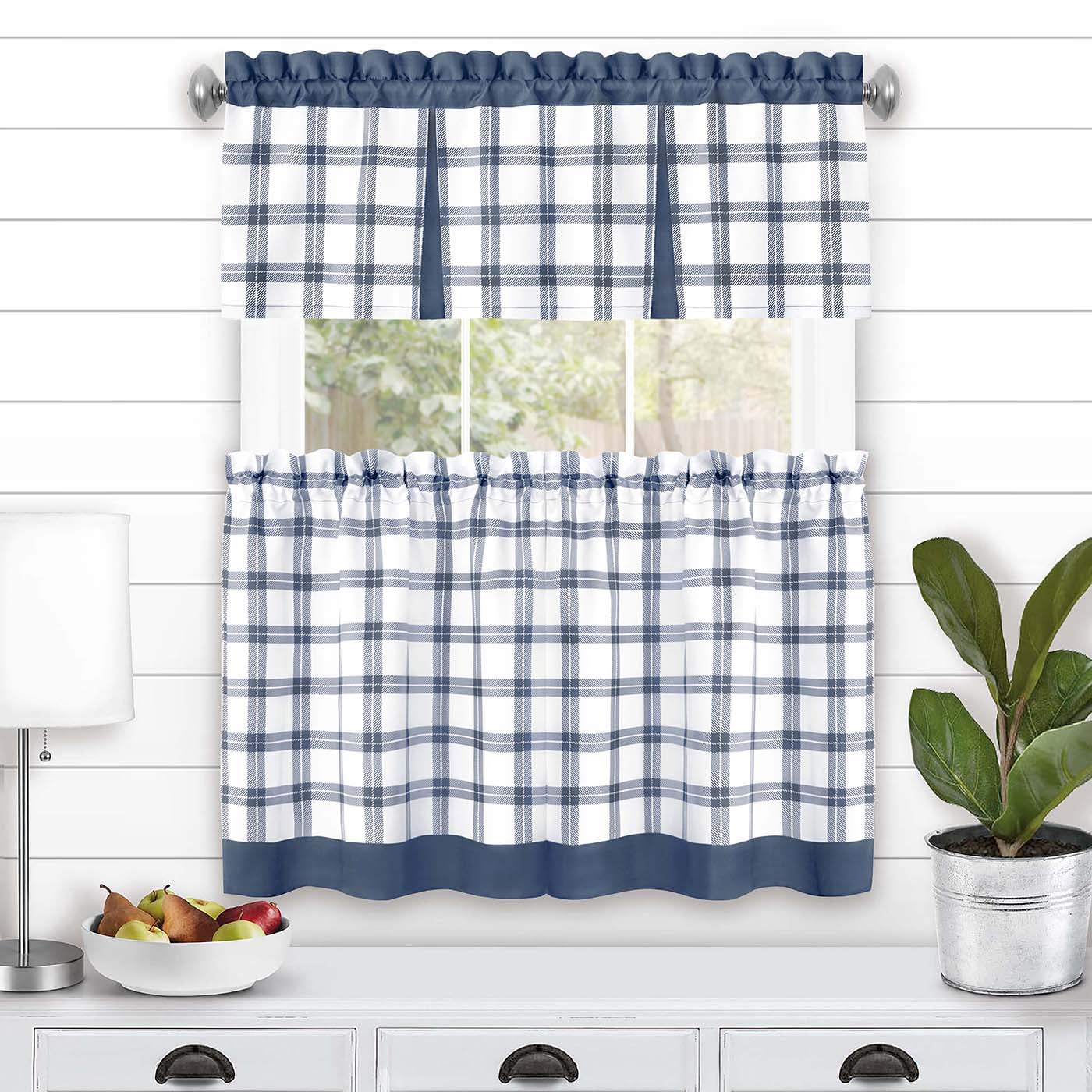 Blue and White Plaid Polyester Kitchen Curtain Tier & Valance Set