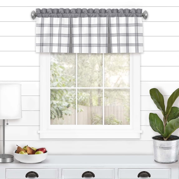 PowerSellerUSA Semi-Sheer Two-Tone Modern Kitchen Curtain with Classic Plaid Gingham Pattern with Solid Rod Pocket Top, 56" W x 13" L, Valance