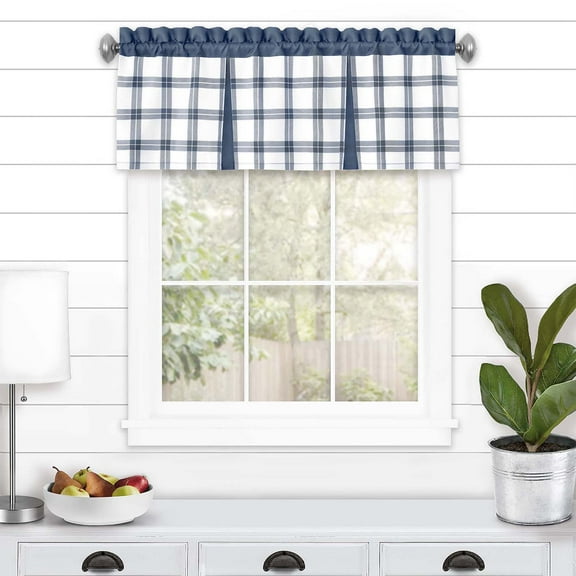 PowerSellerUSA Semi-Sheer Two-Tone Modern Kitchen Curtain with Classic Plaid Gingham Pattern with Solid Rod Pocket Top, 56" W x 13" L, Valance
