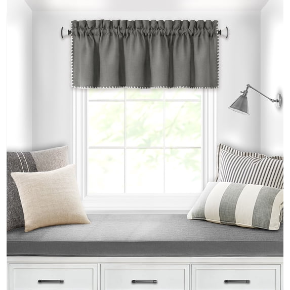 PowerSellerUSA Stitch Embroidery Borders Window Kitchen Valance, 58W x 14L inches Curtains Valance with Rod Pocket Holding, Polyester Material Short Window Curtain Valance for Kitchen Decor, Grey