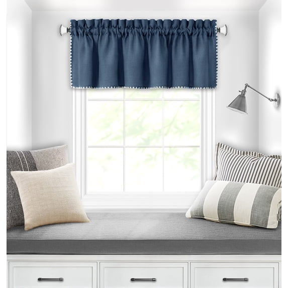 PowerSellerUSA Stitch Embroidery Borders Window Kitchen Valance, 58W x 14L inches Curtains Valance with Rod Pocket Holding, Polyester Material Short Window Curtain Valance for Kitchen Decor, Blue