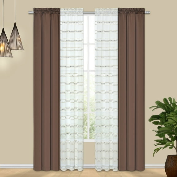 PowerSellerUSA Tribeca 4 Piece Rod Pocket Window Curtain with Sheer Monochromatic Embroidered Panels, Polyester Solid Room Darkening Drapes Farmhouse Decor for Bedroom & Living Room 26" x 84", Brown