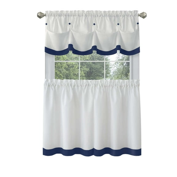 PowerSellerUSA Two-Tone Tier Pair Panels and Valance Kitchen Curtains Set for Kitchen Windows, Living Room, Dining Room and Basement, Diamond Design with Tuck Buttoned Valance, 58" W x 36" L, Navy