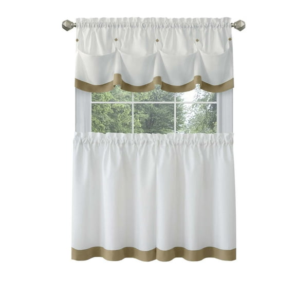 PowerSellerUSA Two-Tone Tier Pair Panels and Valance Kitchen Curtains Set for Kitchen Windows, Living Room, Dining Room and Basement, Diamond Design with Tuck Buttoned Valance, 58" W x 36" L, Taupe