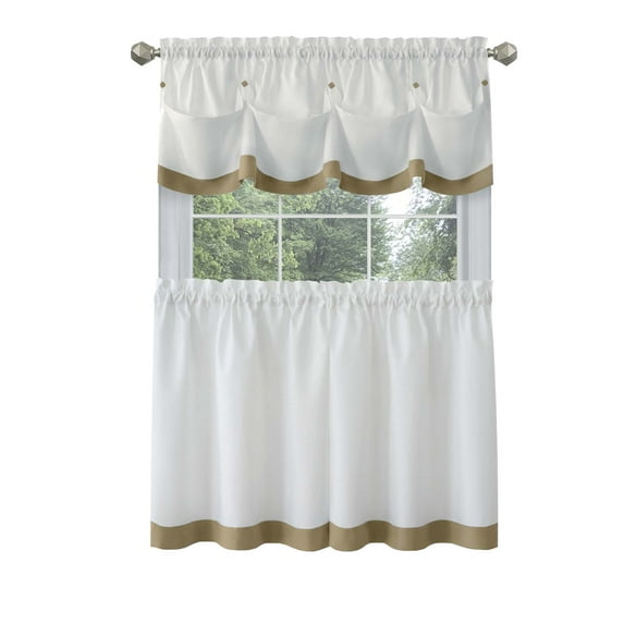 PowerSellerUSA Two-Tone Tier Pair Panels and Valance Kitchen Curtains Set for Kitchen Windows, Living Room, Dining Room and Basement, Diamond Design with Tuck Buttoned Valance, 58" W x 36" L, Taupe