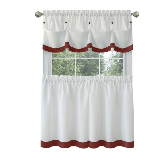 PowerSellerUSA Two-Tone Tier Pair Panels and Valance Kitchen Curtains Set for Kitchen Windows, Living Room, Dining Room and Basement, Diamond Design with Tuck Buttoned Valance, 58" W x 24" L, Burgundy