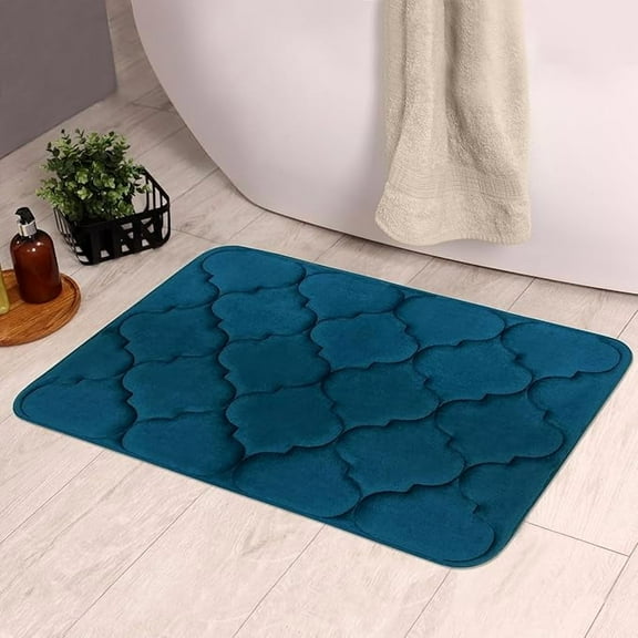 PowerSellerUSA Ultra Soft Memory Foam Bathroom Mat, Thick Resilient Foam | Anti-Fatigue Mats with Non-Slip Backing Floor Mat | Tumble Dry Low | Super Water Absorbent Bath Rugs, Navy - 17x24 Inches