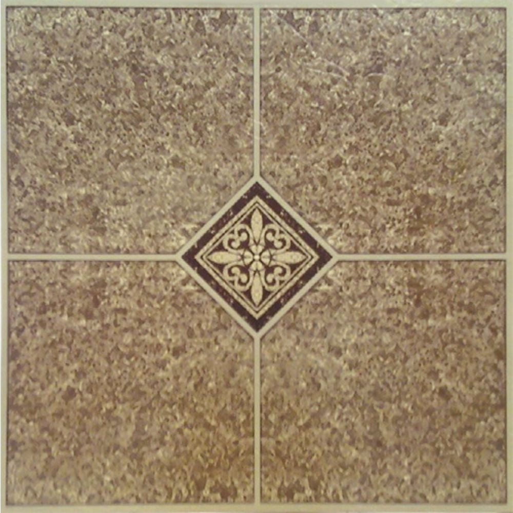 PowerSellerUSA Vinyl Self Adhesive Floor Tiles, 12x12 inches with 1.2 mm Thick 20-Pieces Contemporary Design Peel and Stick Floor Tile Stickers, Square Flooring Tiles for Kitchen, Brown Medallion