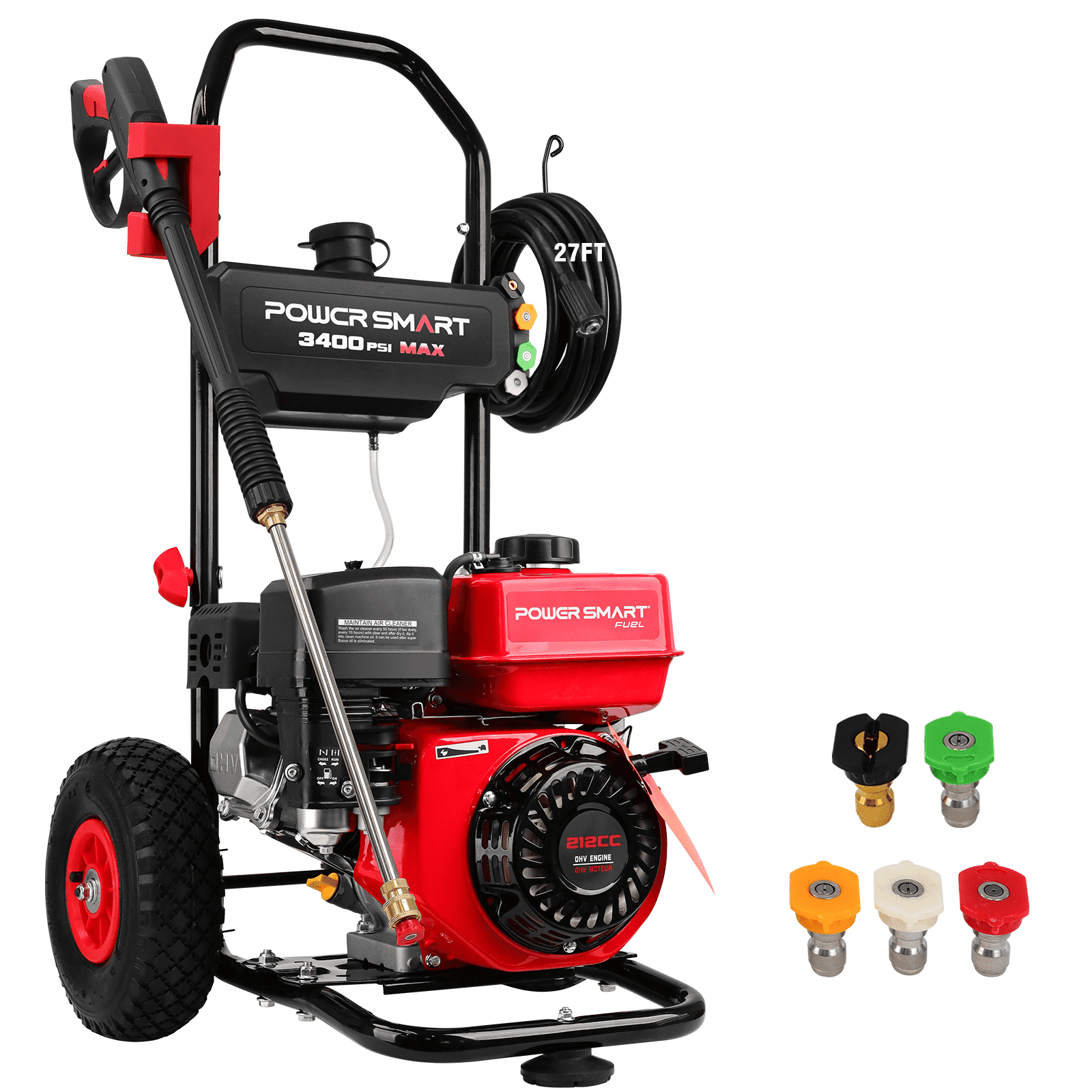 PowerSmart 3400PSI Gas Pressure Washer, 212cc Engine 2.5GPM 5 Quick-Adjustable Nozzles for Gardens