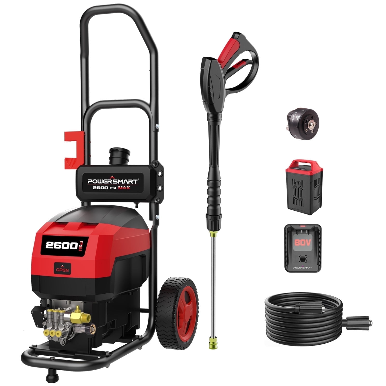 PowerSmart 80V Cordless Pressure Washer, 2600 PSI, 5 Adjustable Nozzles, 6.0 Ah Battery & Charger