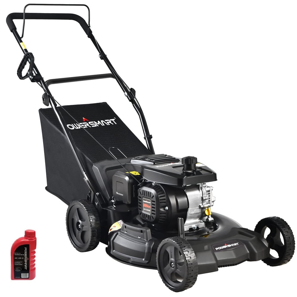 PowerSmart Gas Lawn Mower, 21 Inch 3-in-1 Push Mower, Walk-Behind 4-Stroke 209CC Engine Gas Powered Lawn Mower with Bag, 5 Adjustable Heights, Engine Oil Included, Black, LLL4750