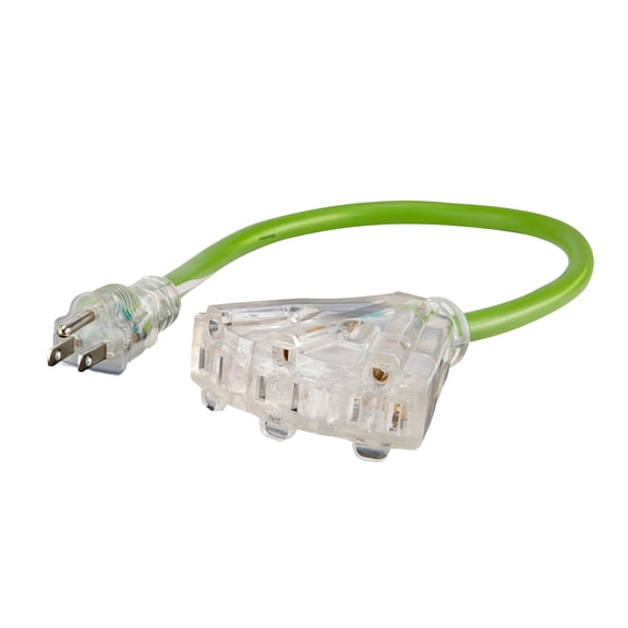 PowerSmith Lighted 3-Outlet 15-Amp 3-Prong Grounded Heavy-Duty Rubber-Jacket Indoor Outdoor Tri-Tap Extension Cord, 2 Ft. 12-Gauge with Straight Plug