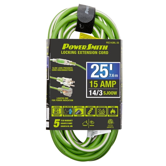 PowerSmith 1-Outlet 15-Amp 3-Prong Grounded Medium-Duty Rubber-Jacket Outdoor Locking Extension Cord, 14-Gauge with Lighted Straight Plug, 25 Ft.