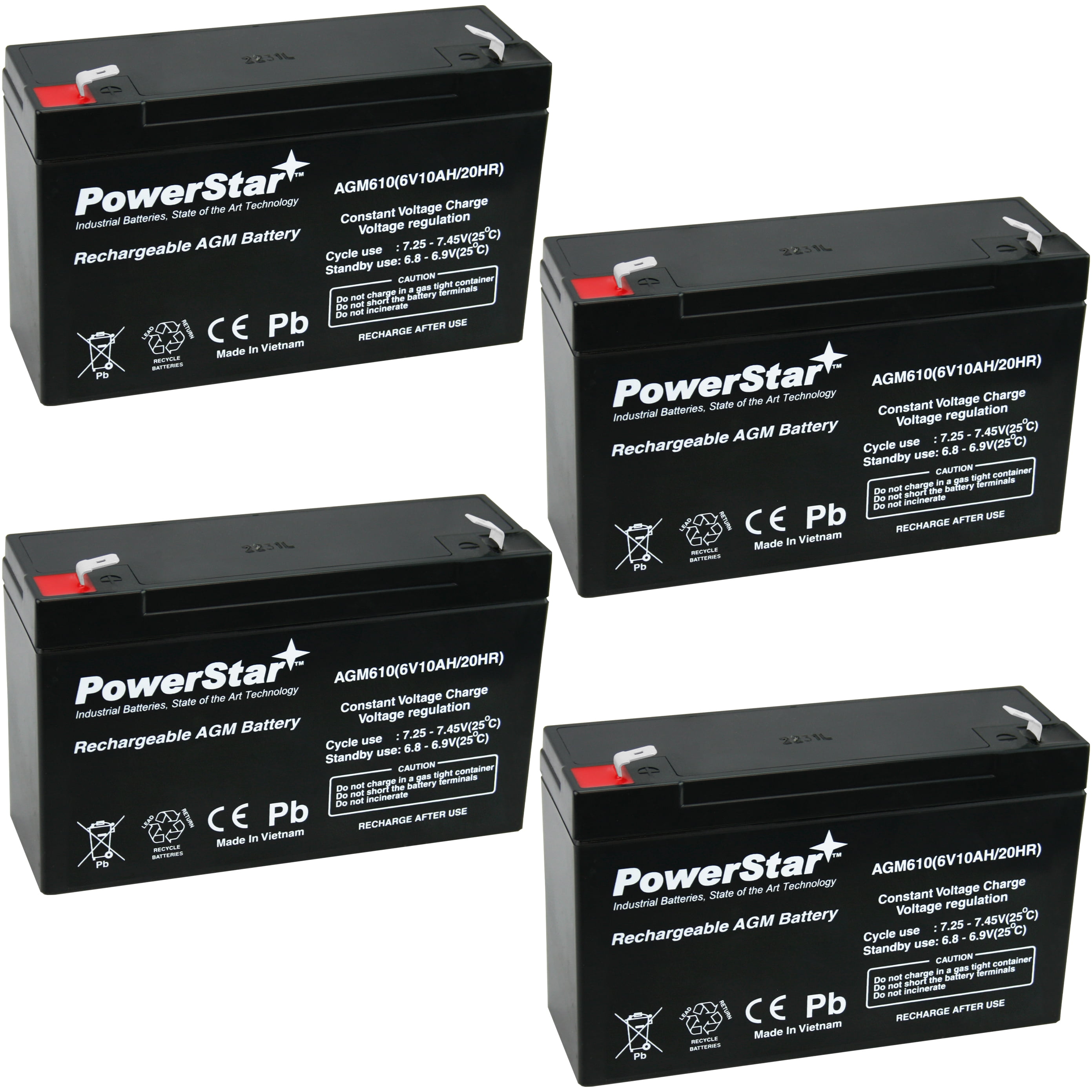 PowerStar AGM610 6V 10AH Battery Replacement for Golf Cart - 4 Pack