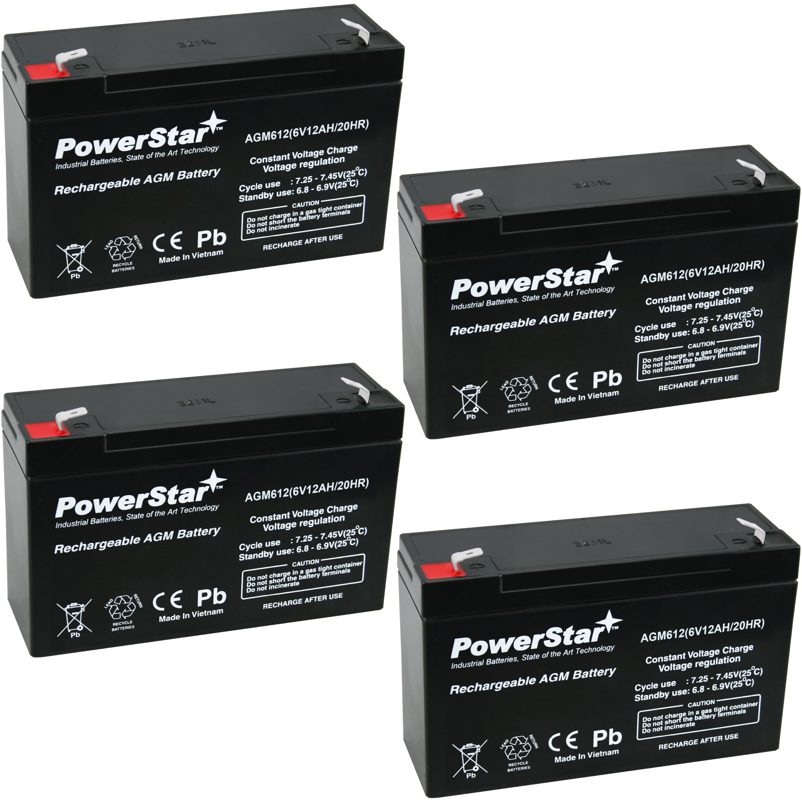 PowerStar AGM612 6V 12AH Battery Replacement for Golf Cart - 4 Pack