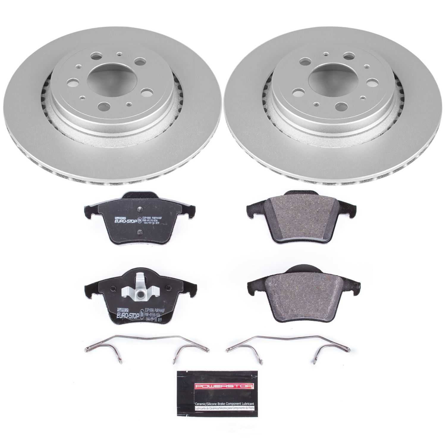 PowerStop ESK3039 Rear GeoMet Coated Rotors, ECE-R90 Brake Pads + Hardware Kit