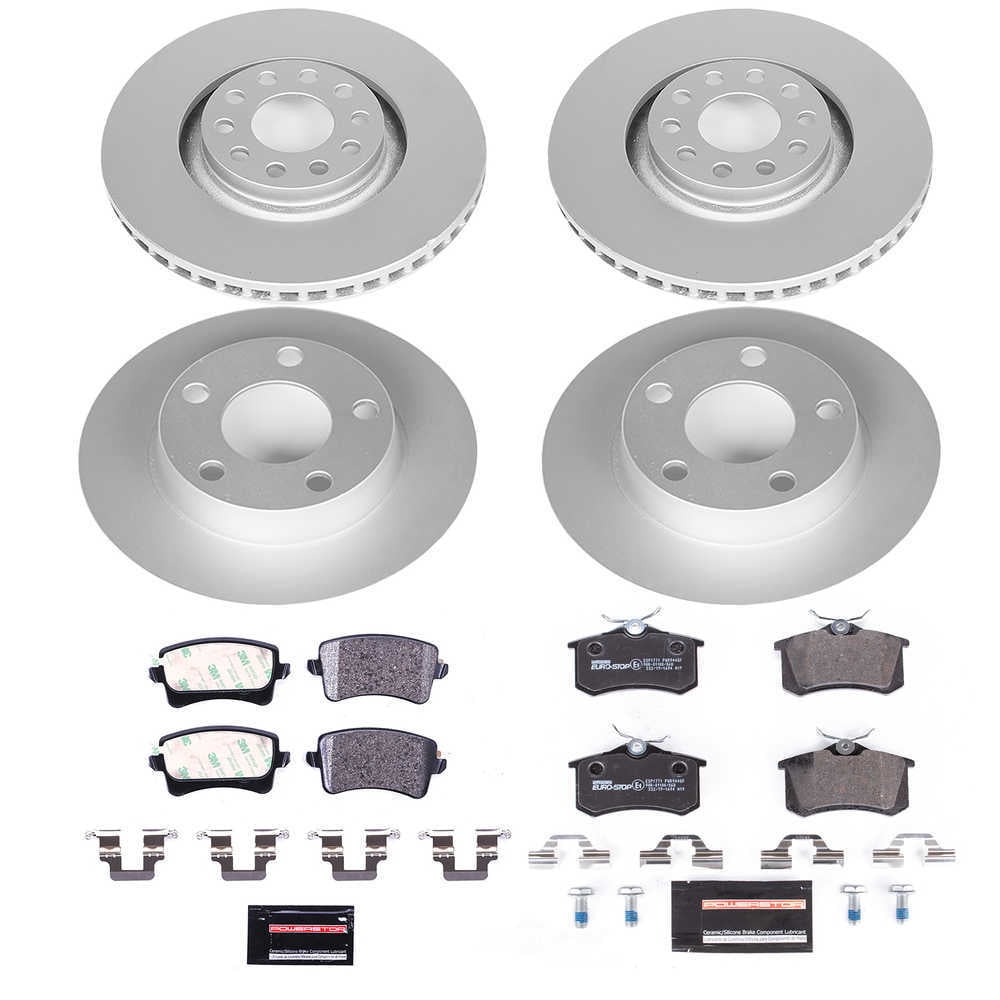 PowerStop ESK889 Front and Rear GeoMet Coated Rotors, ECE-R90 Brake Pads + Hardware Kit