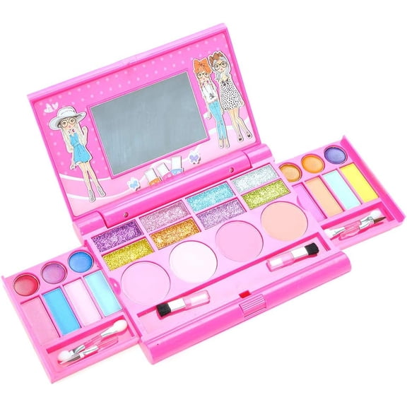 PowerTRC Washable Makeup Pretend Play Set for Kids | Fold-Out Cosmetic Kit with Mirror | Safe, Non-Toxic Toy Makeup Palette for Girls
