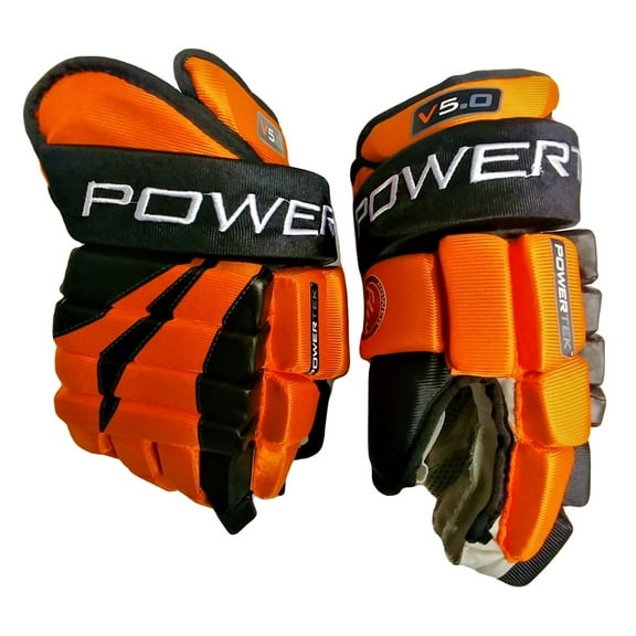 PowerTek V5.0 Tek YOUTH Ice Hockey Gloves, Flexible Full Motion Cuff - Orange, 8"