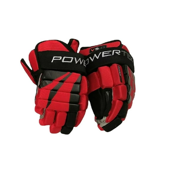 PowerTek V5.0 Tek YOUTH Ice Hockey Gloves, Flexible Full Motion Cuff - Red, 8"