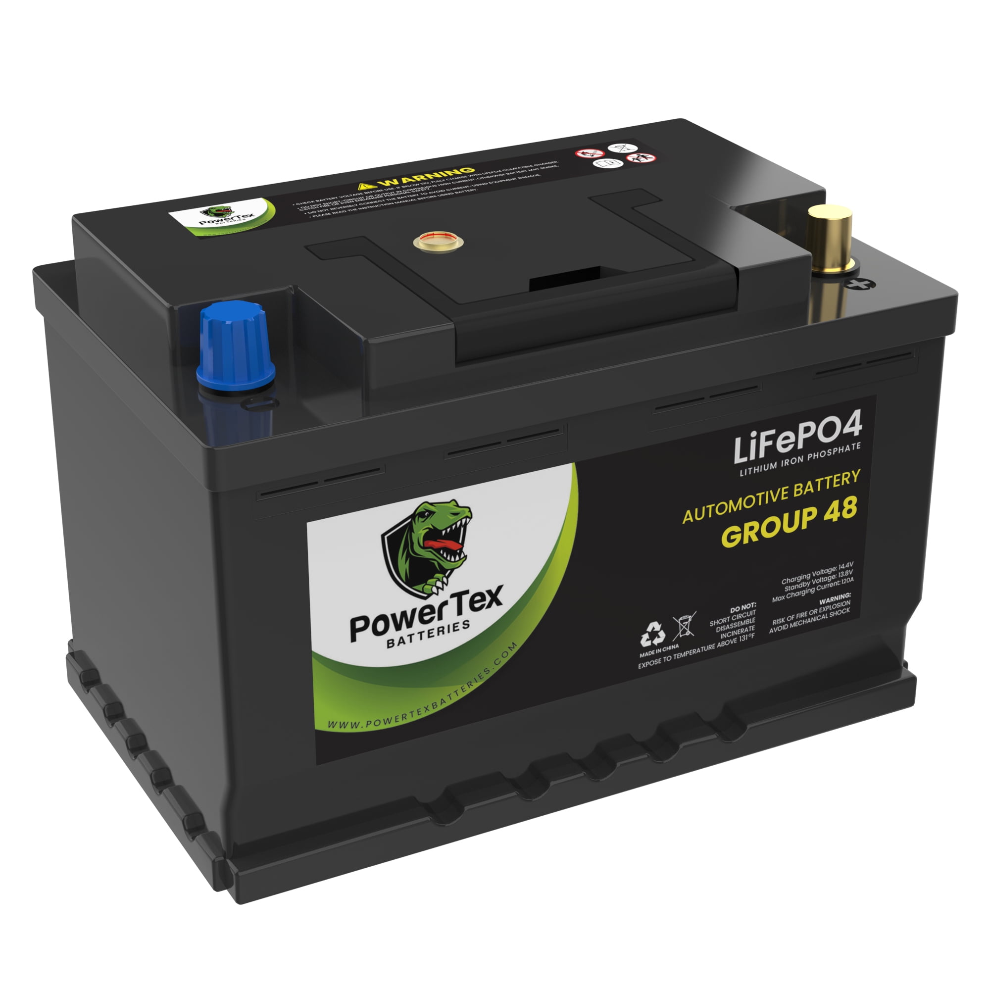PowerTex Lithium Car Battery BCI Group 48 / H6 LiFePO4 Lithium Iron Phosphate Automotive Batteries - 40Ah | 1200CA | Internal Jump-Start | Cutting Edge BMS | Bluetooth