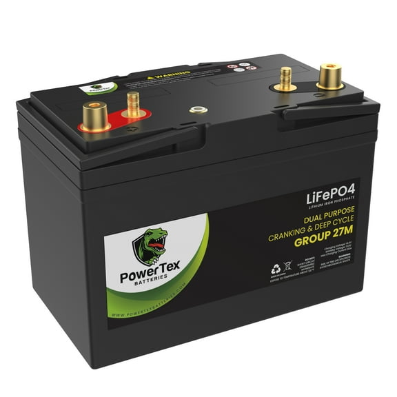 PowerTex Lithium Dual-Purpose RV & Marine Battery BCI Group 27M LiFePO4 Lithium Iron Phosphate - 105Ah | 1400CA | Internal Jump-Start | Cutting Edge BMS | Bluetooth