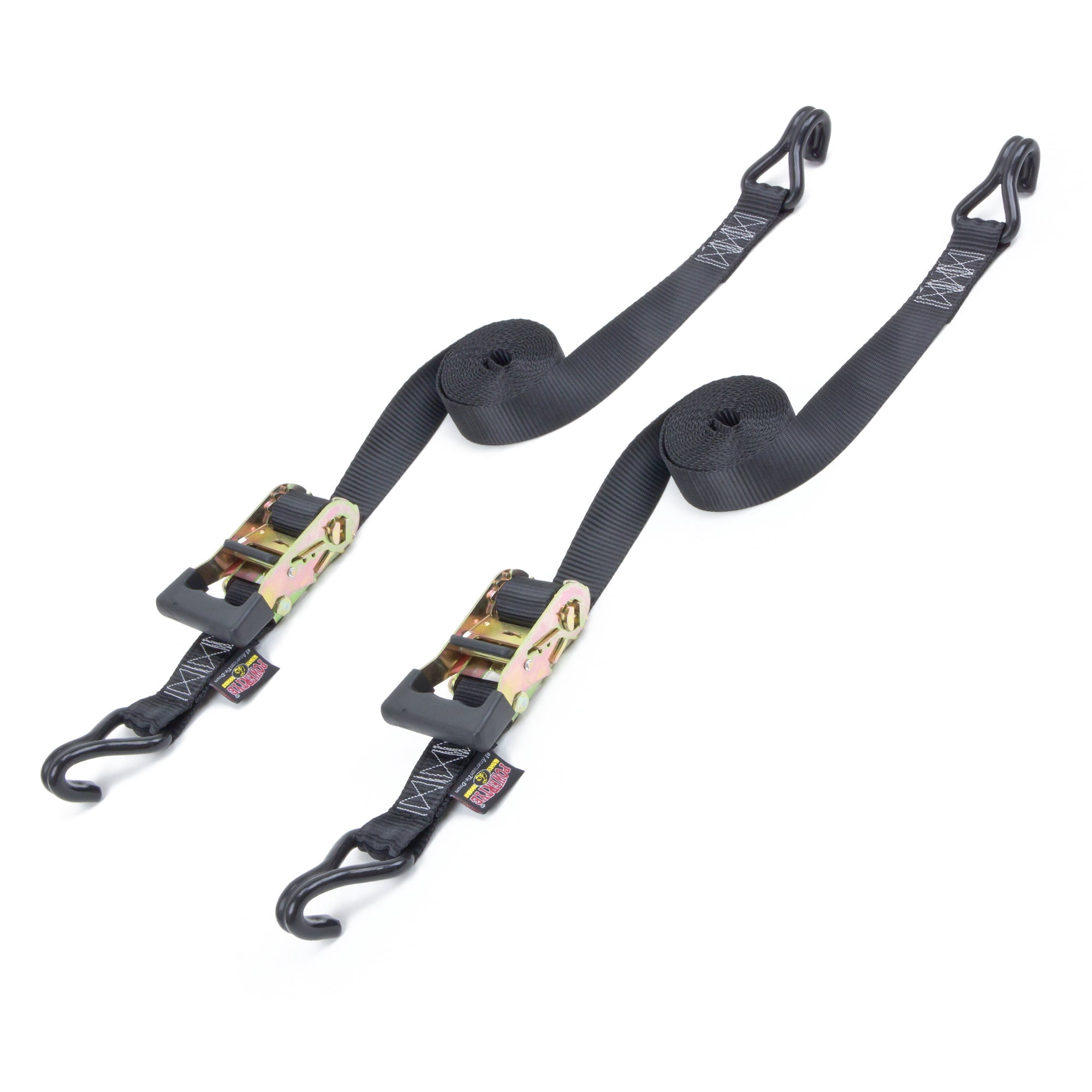PowerTye MFG 1.5in x 12ft Rubber-Handle Yellow Ratchet Tie-Down Straps with Heavy-Duty J-Hooks, Black (Pair)