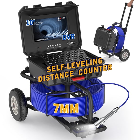 PowerWill Self-Leveling Sewer Camera, 246ft with 10" IPS Monitor, Distance Counter Pipe Inspection Camera with Keyboard Recording