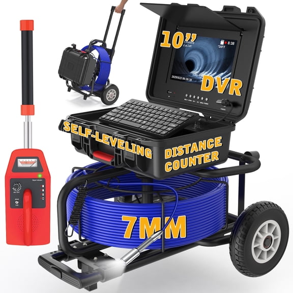 PowerWill Self-Leveling Sewer Camera with Locator, 196ft with 10" IPS Monitor, Distance Counter Pipe Inspection Camera with Keyboard Recording