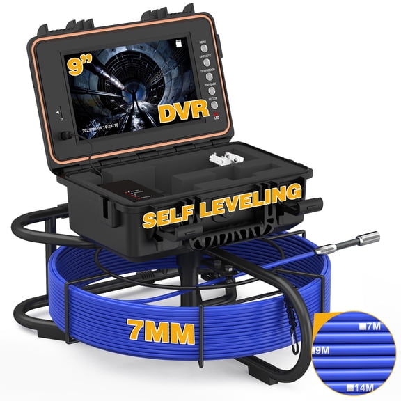 PowerWill Self-Leveling Sewer Inspection Camera, 9" HD Plumbing Camera with DVR, 100 ft Cable, 32GB, Meter Marker, 12 LED Lights, IP68